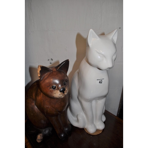 42 - White ceramic cat, approx H49cm plus one wooden cat statue H40cm