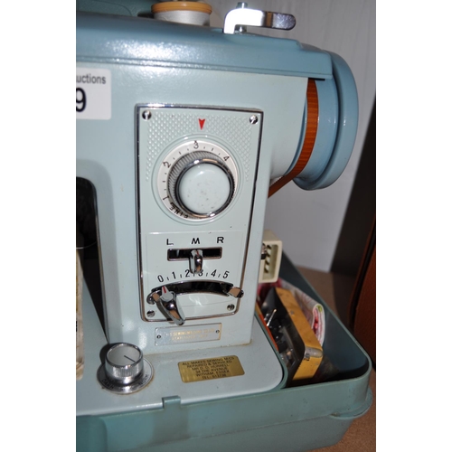 49 - Retro Jones electric sewing machine with case, foot pedal and accessories