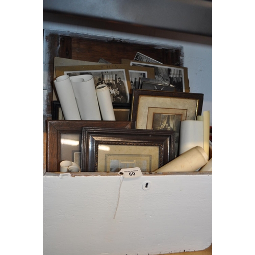 60 - A wooden chest containing ephemera items in antique/vintage frames plus unusual theatrical photograp... 