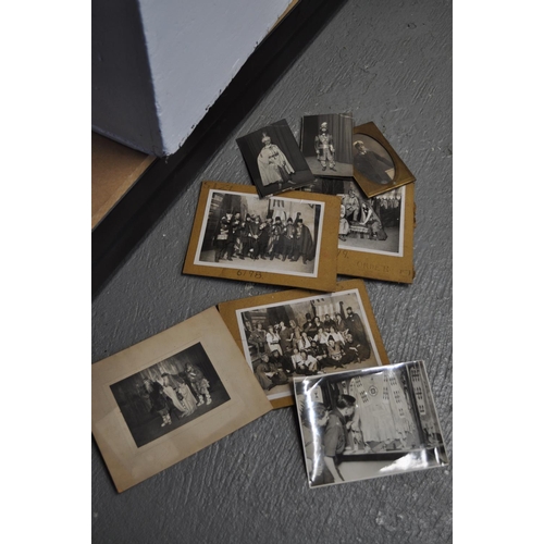 60 - A wooden chest containing ephemera items in antique/vintage frames plus unusual theatrical photograp... 