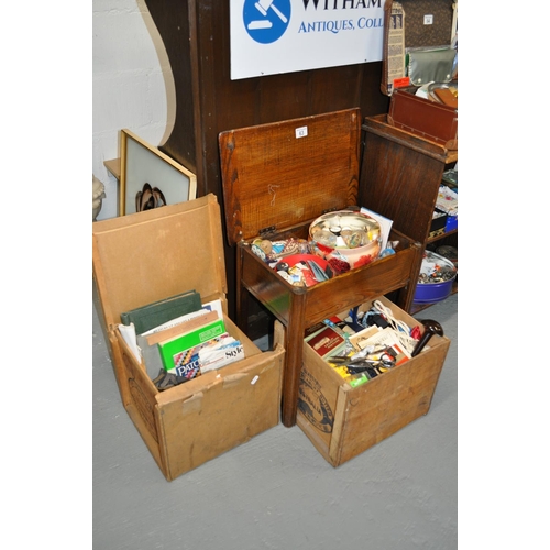 63 - Two 'Australian Butter' boxes and sewing table containing a large assortment of retro sewing/haberda... 