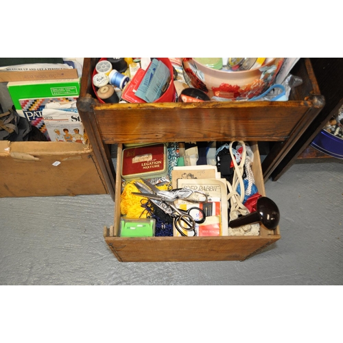 63 - Two 'Australian Butter' boxes and sewing table containing a large assortment of retro sewing/haberda... 