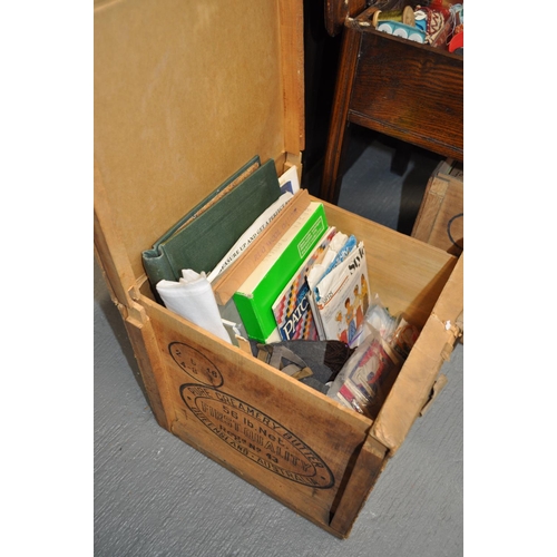 63 - Two 'Australian Butter' boxes and sewing table containing a large assortment of retro sewing/haberda... 