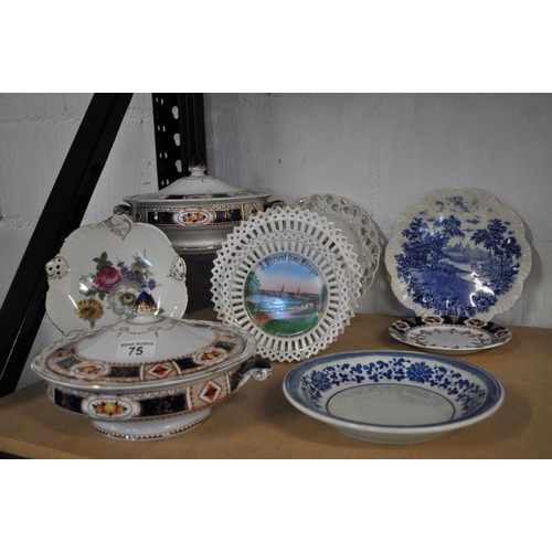 75 - Two antique terrines together with a quantity of antique/vintage decorative plates