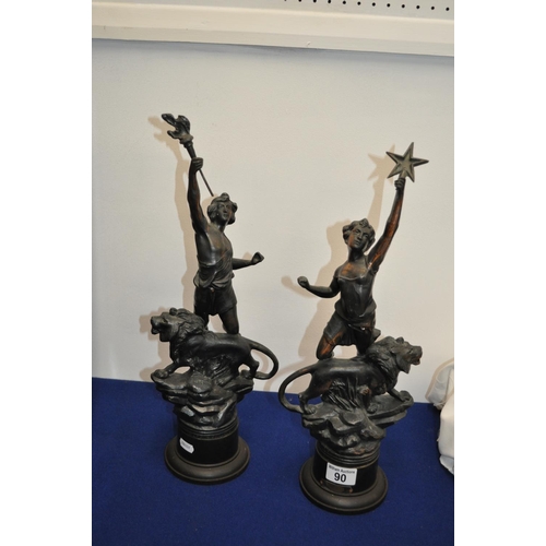 90 - Two spelter/cold bronze  style figures depicting  Olympic figures holding flame with lions