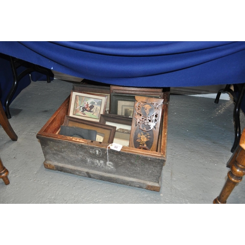 95 - A wooden trunk containing antique ephemera and Edwardian book slide with inlaid detailing