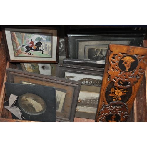 95 - A wooden trunk containing antique ephemera and Edwardian book slide with inlaid detailing