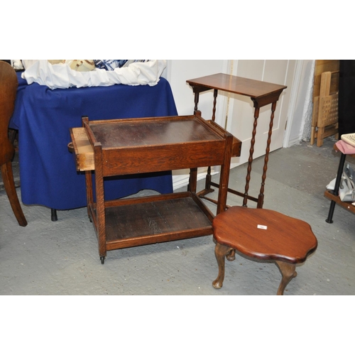 96 - Furniture trio consisting of small stool, two drawer tea trolley, plus a bobbin style table