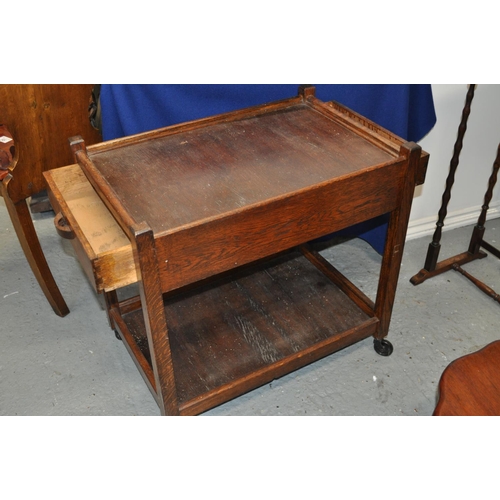 96 - Furniture trio consisting of small stool, two drawer tea trolley, plus a bobbin style table