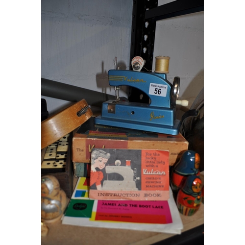 56 - Vulcan Junior child's sewing machine together with James & The Top Hat records, dominos, percussion ... 