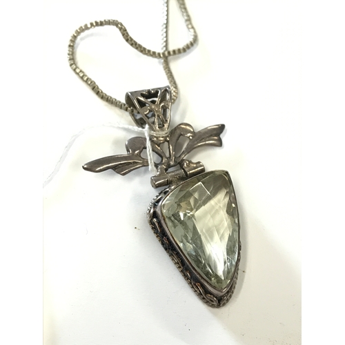 156 - Silver droplet pendant with faceted central stone together with silver box chain both stamped 925