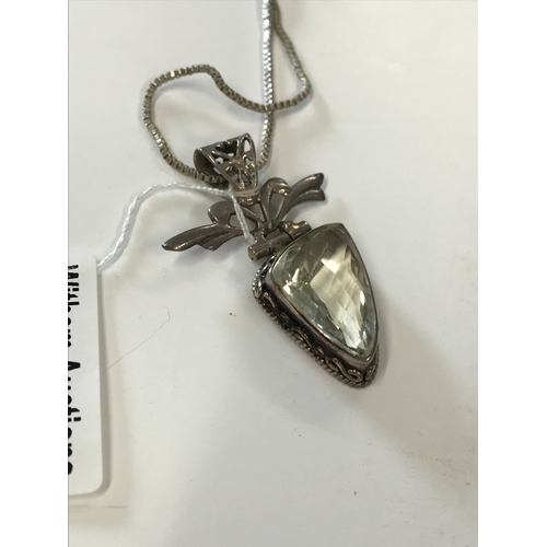 156 - Silver droplet pendant with faceted central stone together with silver box chain both stamped 925