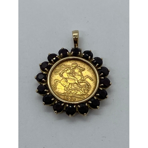 312 - 9ct yellow gold coin holder pendant  containing a 22ct gold Edward VII 1906 half sovereign, mounted ... 