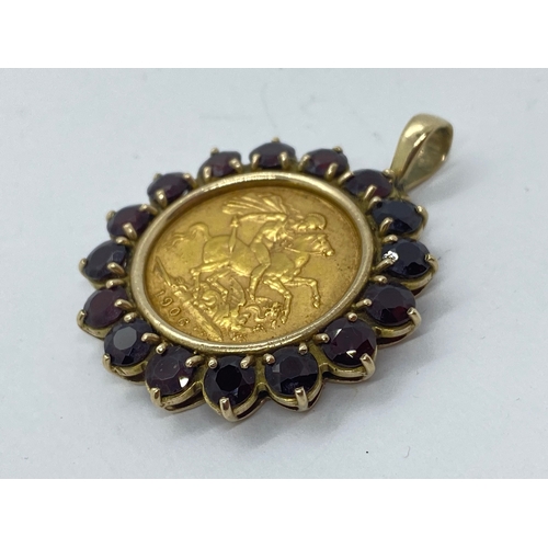 312 - 9ct yellow gold coin holder pendant  containing a 22ct gold Edward VII 1906 half sovereign, mounted ... 