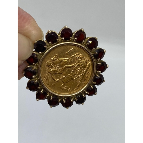 312 - 9ct yellow gold coin holder pendant  containing a 22ct gold Edward VII 1906 half sovereign, mounted ... 