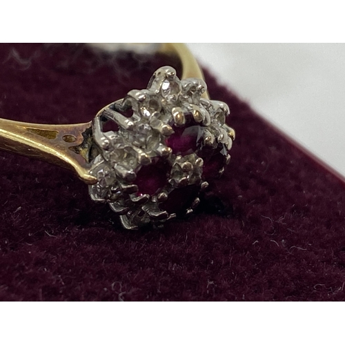 117 - 18ct yellow gold ruby/garnet and diamond cluster ring, approx size R/S