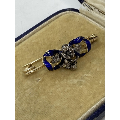 136 - Edwardian diamond and blue enamel gold pin brooch, with box, tested as 14ct gold, AF - signs of repa... 