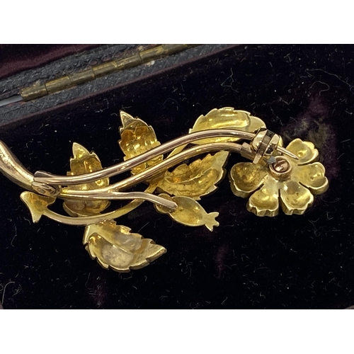 137 - Victorian yellow gold pearl spray brooch in flower form, presented in Cooke & Kelvey Calcutta box, u... 