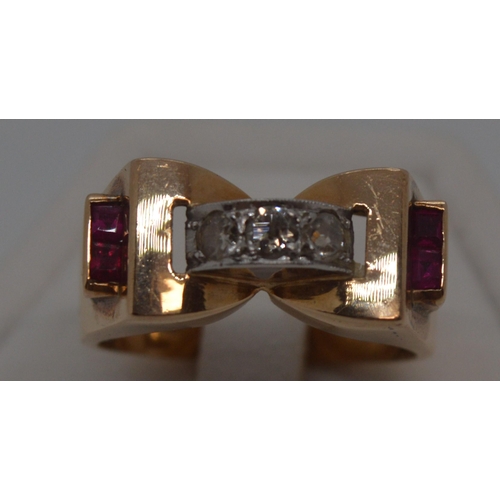 110 - 18ct yellow gold tank ring with three clear stones to central bridge design and two square cut red s... 