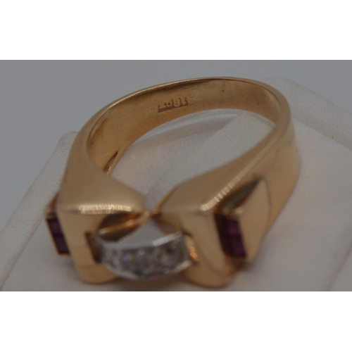 110 - 18ct yellow gold tank ring with three clear stones to central bridge design and two square cut red s... 