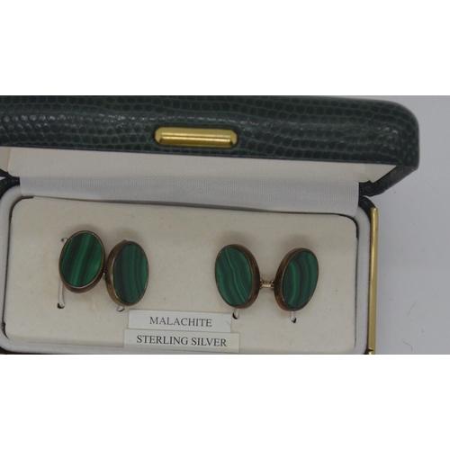 240 - A pair of Malachite sterling silver cufflinks stamped 925, in gift box