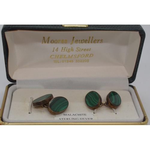 240 - A pair of Malachite sterling silver cufflinks stamped 925, in gift box