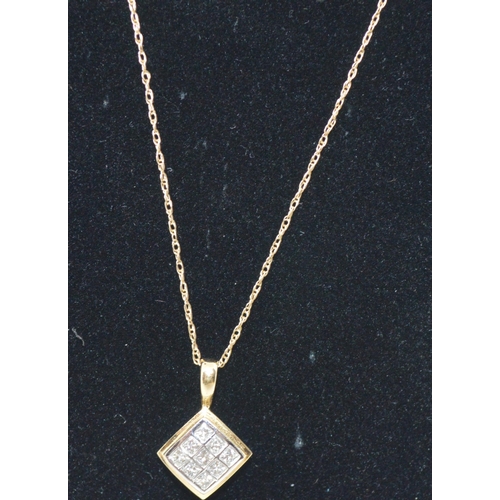 43 - A 10k yellow gold Diamond pendant of nine diamonds set into rectangular design with gold chain, both... 