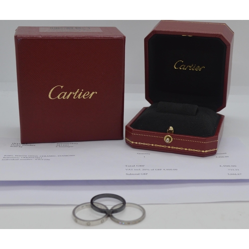 112 - Cartier 18ct white gold diamond and ceramic set of trilogy rings (3 individual rings) decorated with... 