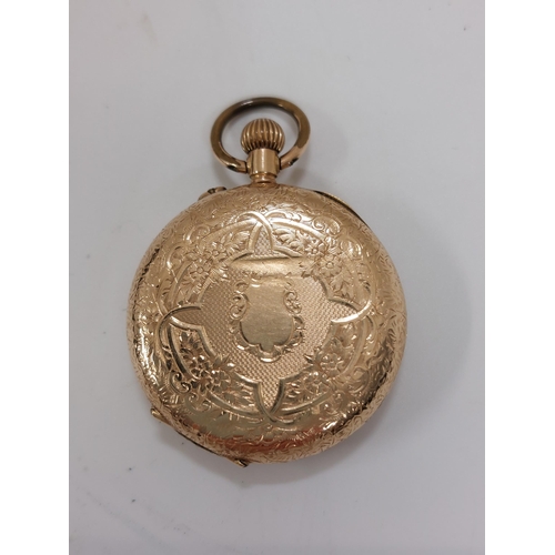 154 - A gold ladies pocketwatch with engraved detailing to outer case, floral design to face with roman nu... 