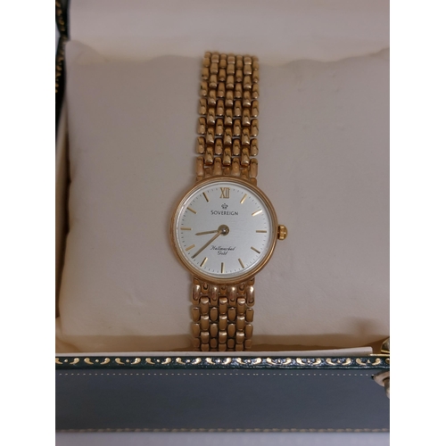 161 - Ladies Sovereign 9ct gold cased (quartz movement) wristwatch with original guarantee information dat... 