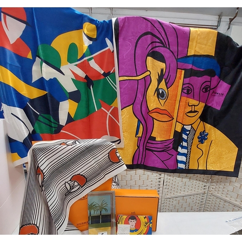 5 - A selection of vintage scarves including a silk scarf featuring colourful polo scene, possibly Chris... 