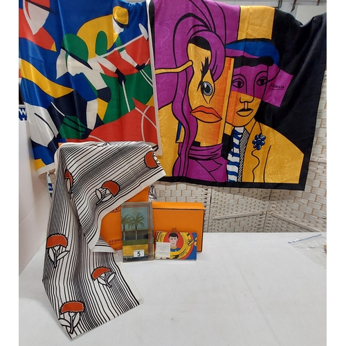 5 - A selection of vintage scarves including a silk scarf featuring colourful polo scene, possibly Chris... 