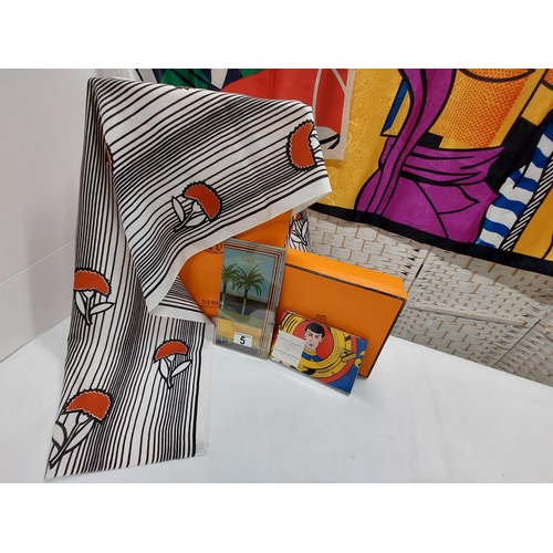 5 - A selection of vintage scarves including a silk scarf featuring colourful polo scene, possibly Chris... 