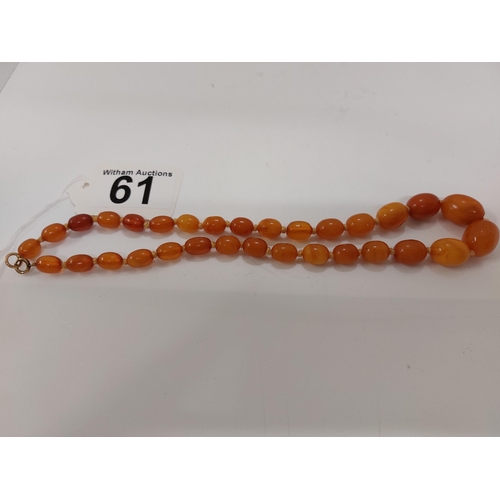 61 - Butterscotch amber necklace on silk cord, approx 20g