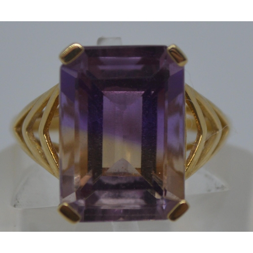 88 - Ametrine dress ring in a rectangular raised mount design, stamped 10k 417 and with 375 Birmingham ha... 