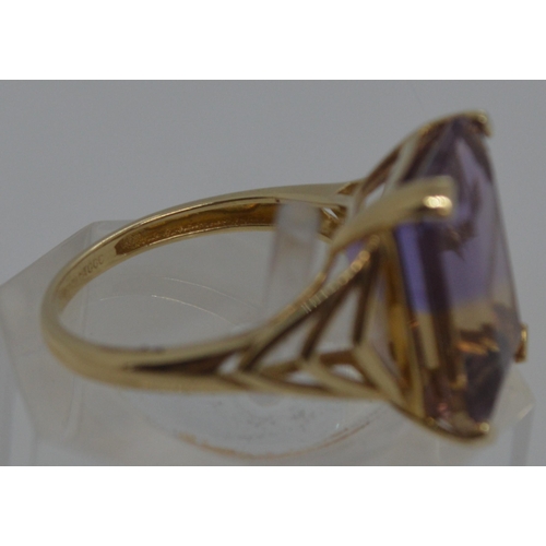 88 - Ametrine dress ring in a rectangular raised mount design, stamped 10k 417 and with 375 Birmingham ha... 