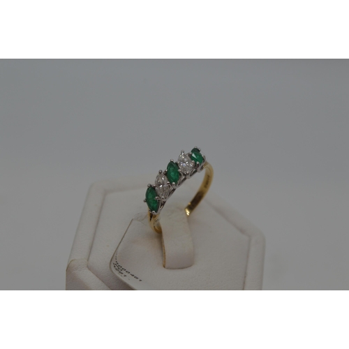 172 - 18ct yellow gold marquise cut five stone emerald and diamond ring. Approx  E0.75ct, D0.50ct. Hallmar... 