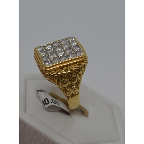 179 - Gentleman's 18ct yellow gold pave set diamond ring, approx 1.60ct, scroll detailing to shoulder, app... 