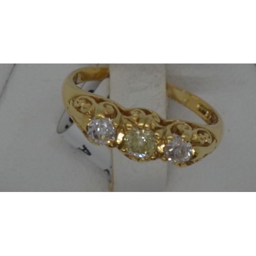 190 - 18ct yellow diamond ring, featuring three stones approx total 0.80ct, hallmarked 750 London,  approx... 