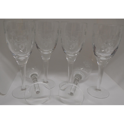 24 - A set of 6 Waterford crystal Geo pattern  wine glasses with crest, etched John Rocha Waterford to ba... 