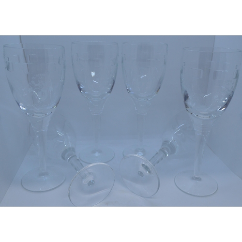 24 - A set of 6 Waterford crystal Geo pattern  wine glasses with crest, etched John Rocha Waterford to ba... 