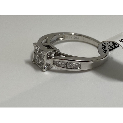 189 - 18ct white gold  diamond ring, approx size 0.60cts of diamond in a square design with diamonds to mo... 