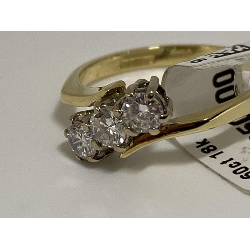 200 - 18k yellow gold 0.60ct diamond ring featuring three diamonds in an unusual design. Hallmarked 750 Lo... 