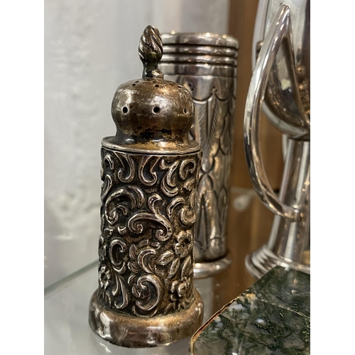 278 - A mixture of silver and white metal items including an Art Nouveau three handled cup