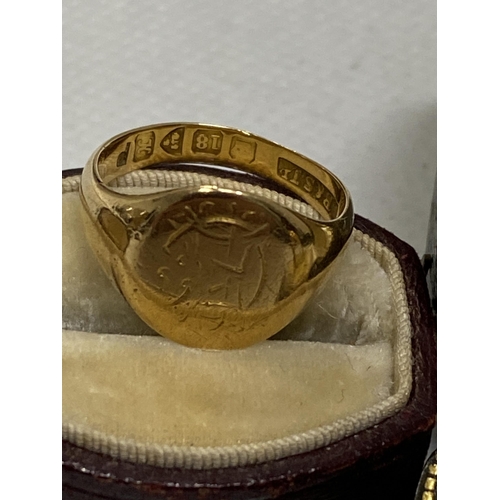 105 - Gold signet ring marked 18ct approx 4g, size I, together with 9ct yellow gold signet ring, hallmarke... 