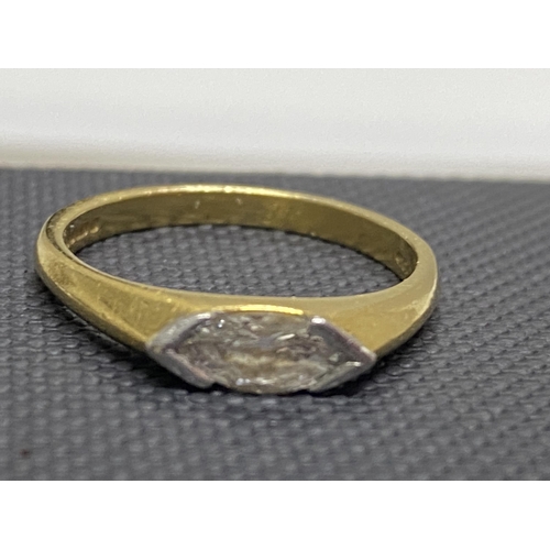 98 - 18ct yellow gold elongated design diamond ring (0.31ct) , unusual setting. Approx size J, approx gro... 