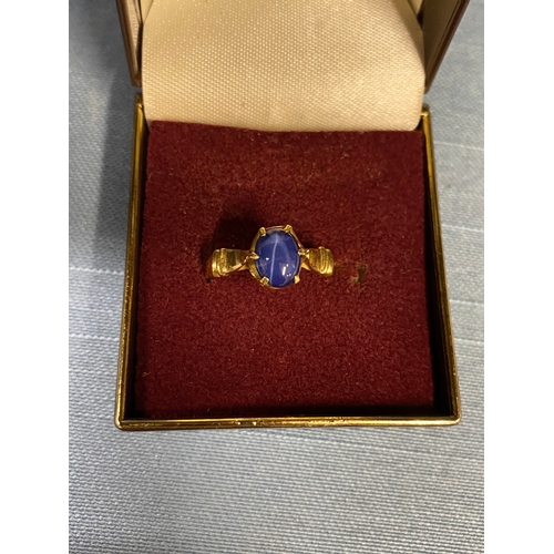 119 - 18ct yellow gold ring with claw setting encapsulating oval semi precious blue stone, approx size M, ... 