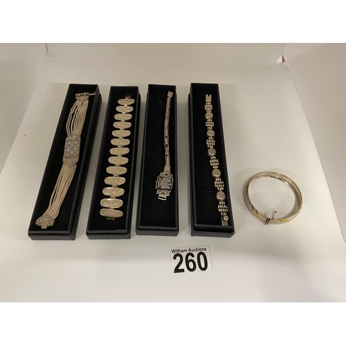 260 - Five silver bracelets in various designs. Some marked 925