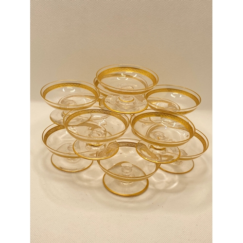 279 - Vintage glass dishes with gold coloured detailing, possibly for oysters, approx height 3.7cm, max wi... 