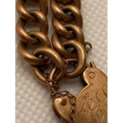 71 - Antique 9ct gold bracelet with heart locket, hand engraved EJ 25.12.21, approx weight 28g with  box